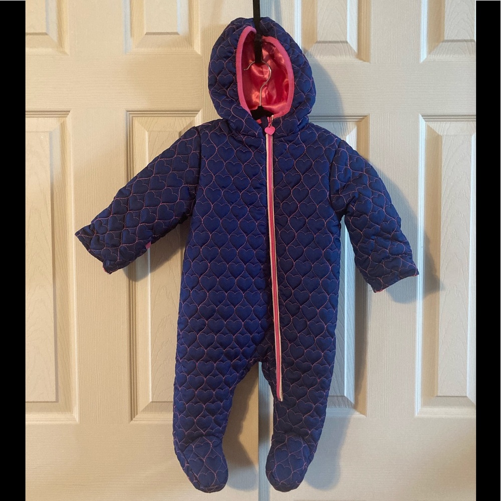 Wippette Kids Girls Blue Snowsuit With Pink Embroidered Hearts